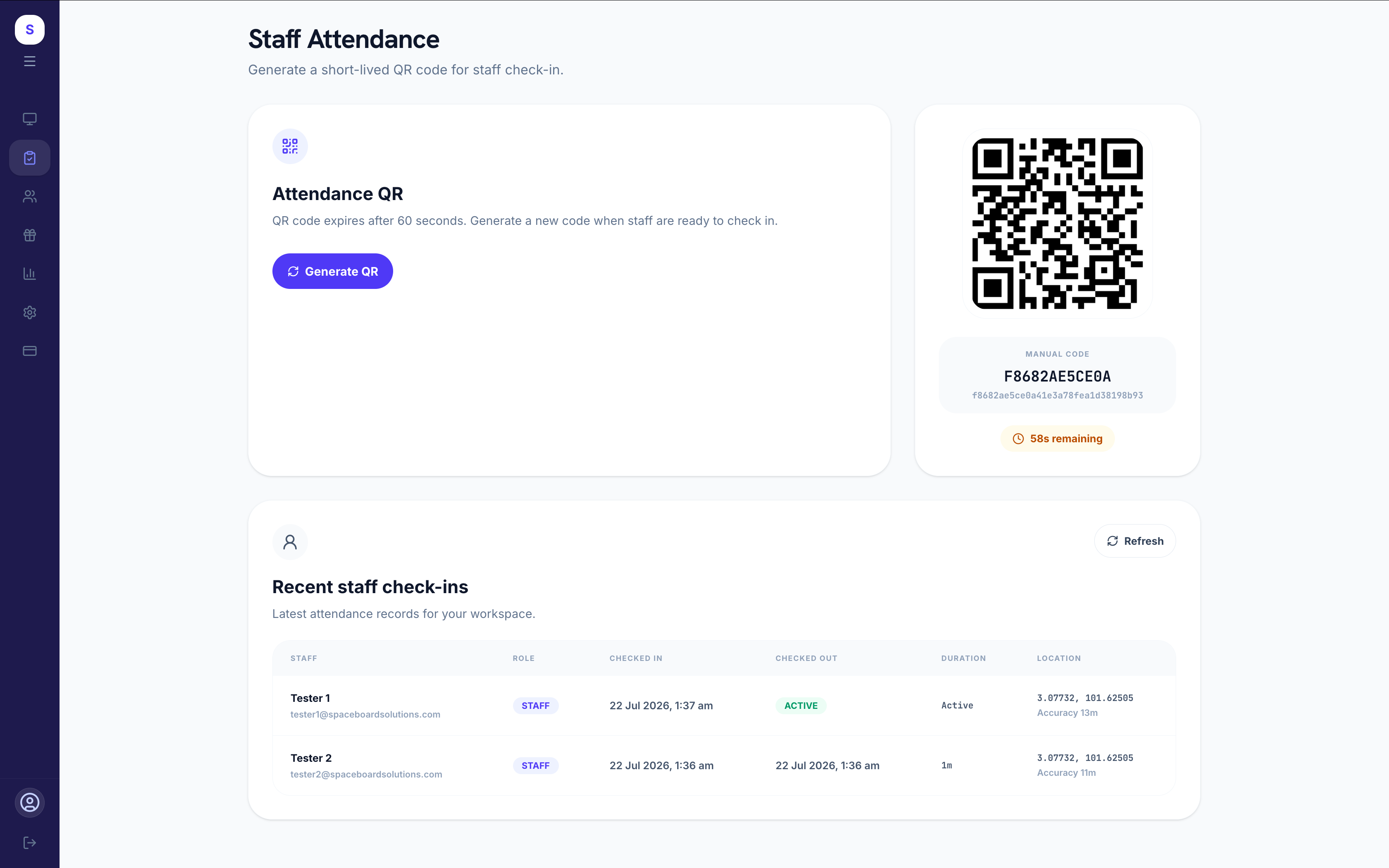 SpaceAttendance dashboard screenshot